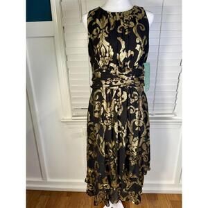 NWT J. Taylor Black & Gold Damask Metallic Midi Dress Size 10 Sleeveless Chiffon